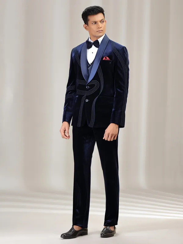 Navy reception wear velvet coat suit with bow tie