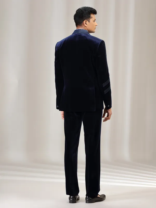 Navy reception wear velvet coat suit with bow tie