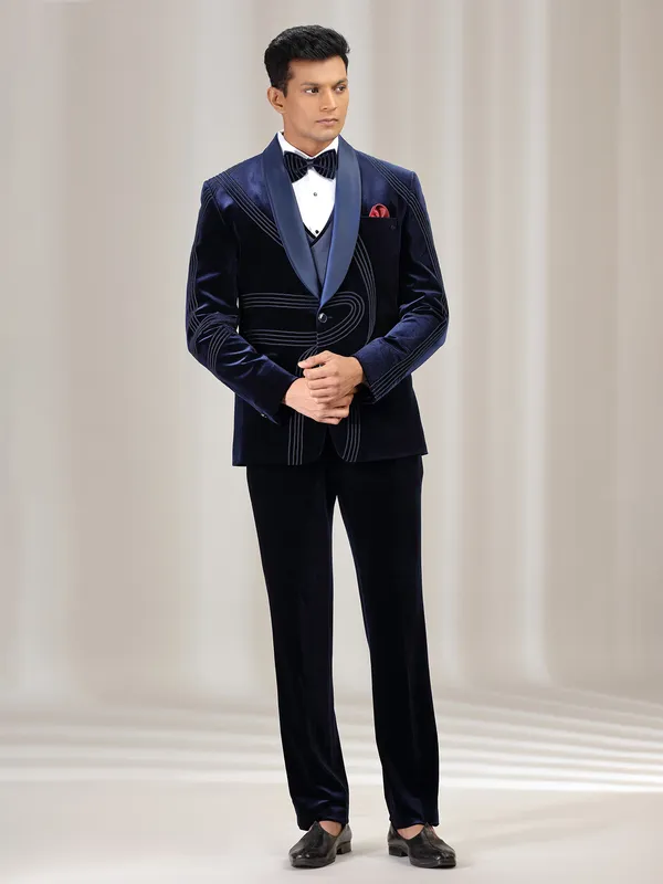 Navy reception wear velvet coat suit with bow tie