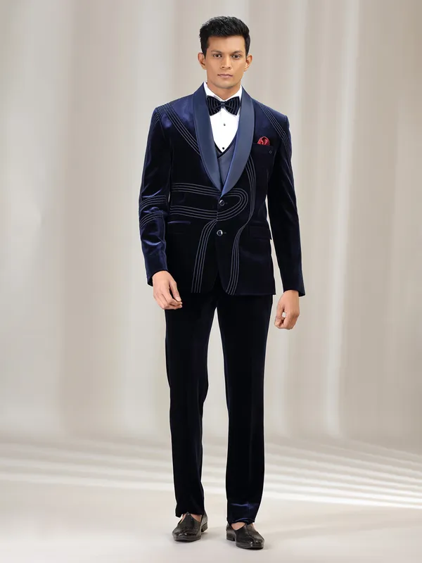 Navy reception wear velvet coat suit with bow tie