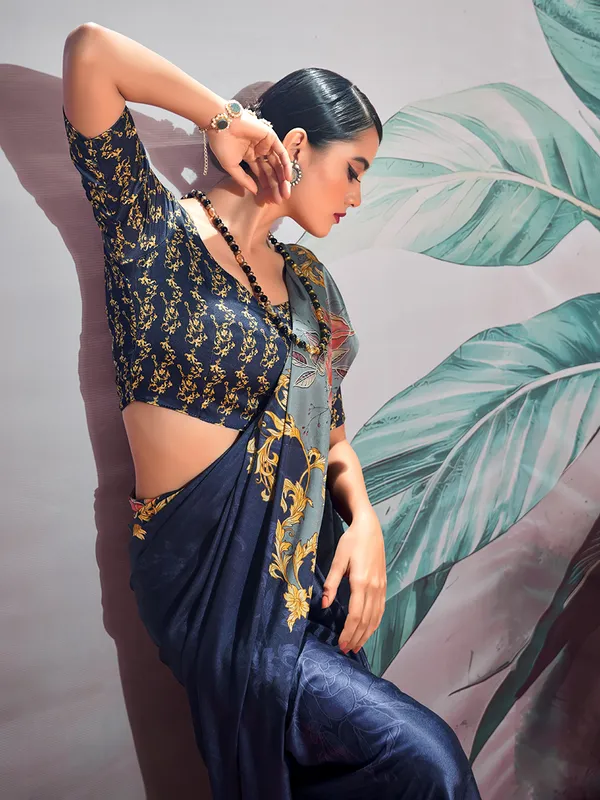 Navy satin crepe digital printed saree