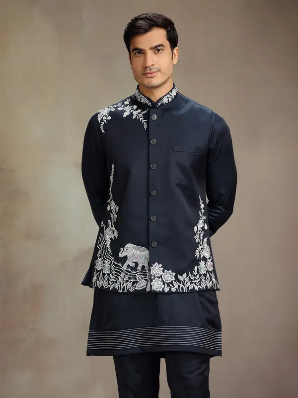 Navy satin linen waistcoat set for wedding celebration