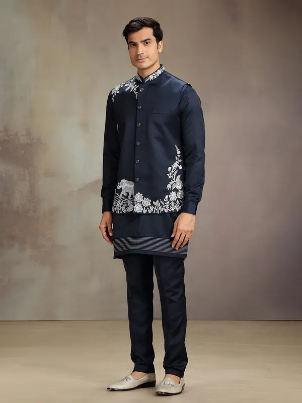 Navy satin linen waistcoat set for wedding celebration