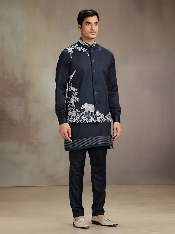 Navy satin linen waistcoat set for wedding celebration