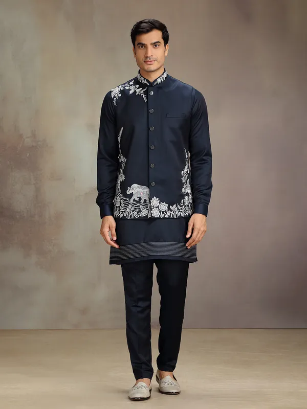 Navy satin linen waistcoat set for wedding celebration