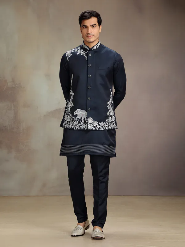 Navy satin linen waistcoat set for wedding celebration