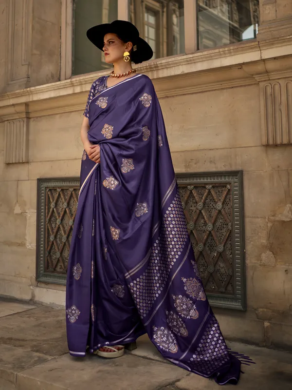 Navy satin silk zari woven saree