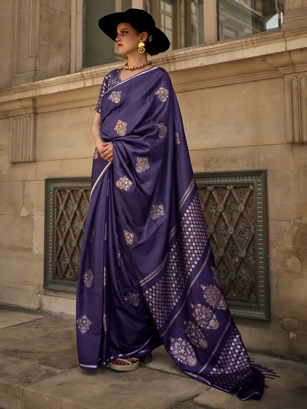 Navy satin silk zari woven saree