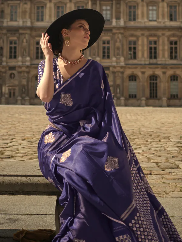 Navy satin silk zari woven saree