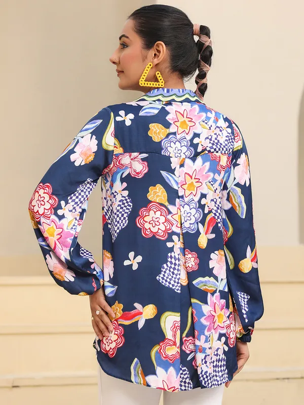 Navy satin top in print for women