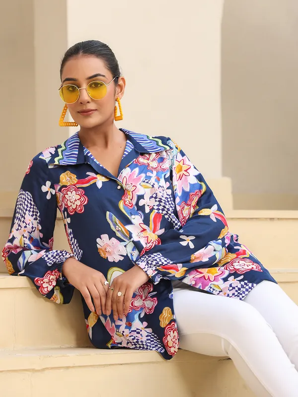Navy satin top in print for women