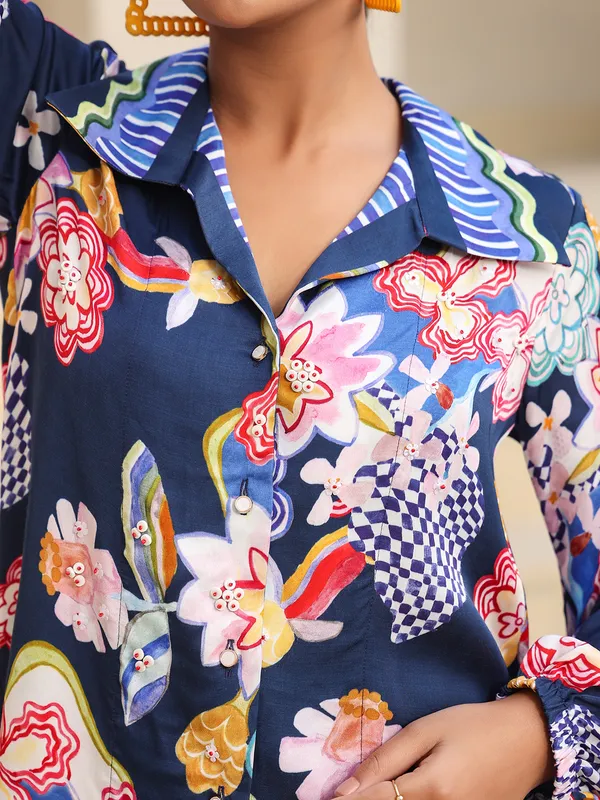 Navy satin top in print for women