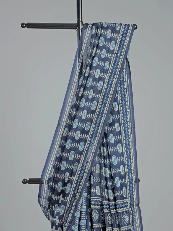 Navy semi cotton thread worked saree