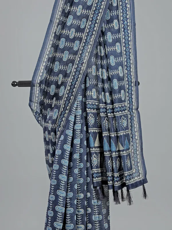 Navy semi cotton thread worked saree