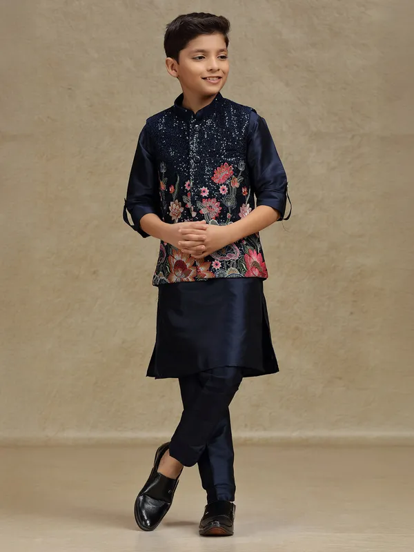 Navy sequins worked silk waistcoat set for boys