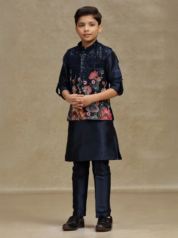 Navy sequins worked silk waistcoat set for boys