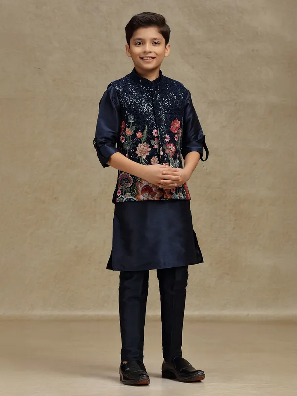 Navy sequins worked silk waistcoat set for boys