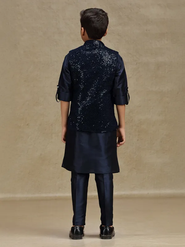 Navy sequins worked silk waistcoat set for boys