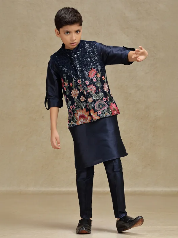 Navy sequins worked silk waistcoat set for boys