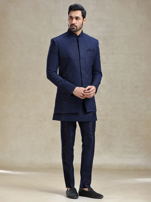 Navy short jacket style silk indo-western for regal appearance