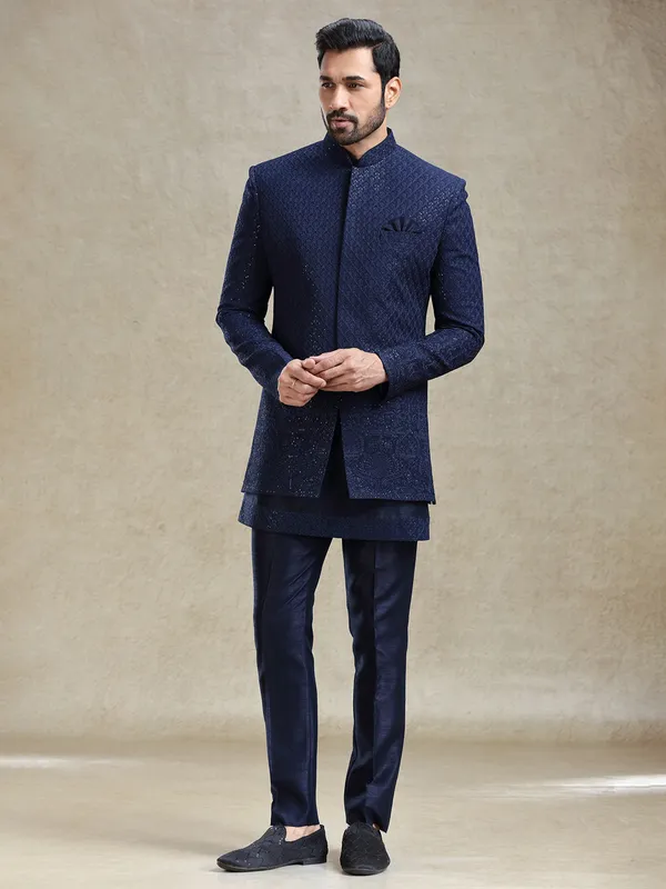 Navy short jacket style silk indo-western for regal appearance