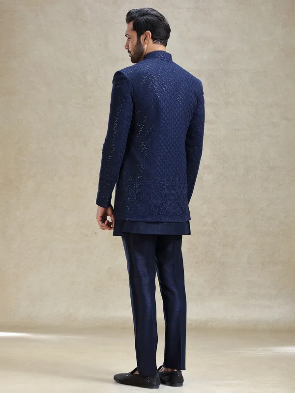 Navy short jacket style silk indo-western for regal appearance
