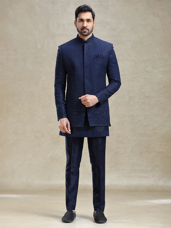 Navy short jacket style silk indo-western for regal appearance