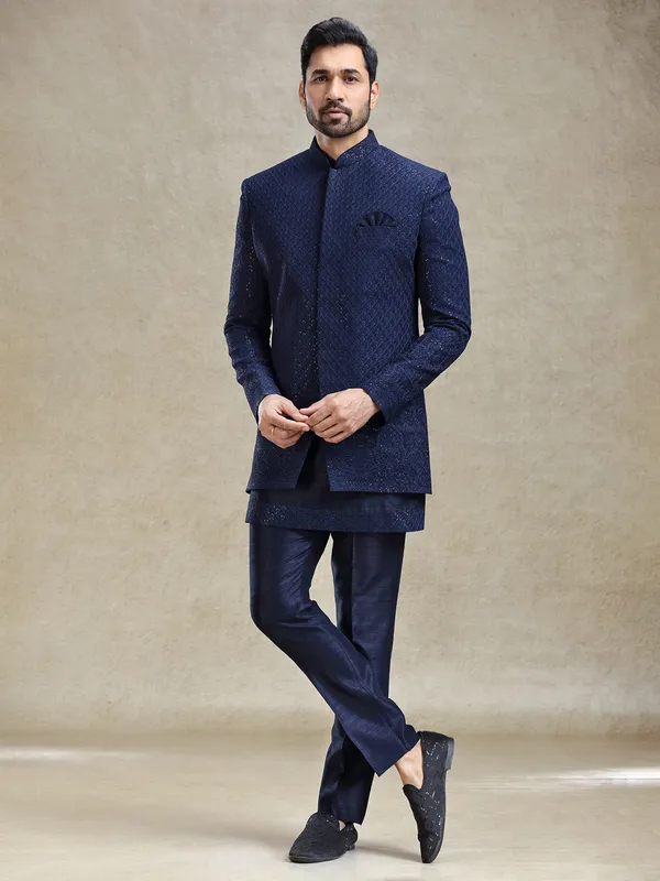 Navy short jacket style silk indo-western for regal appearance