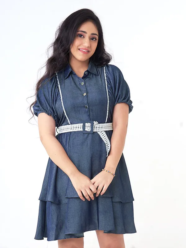 Navy silk collared frock with half sleeves