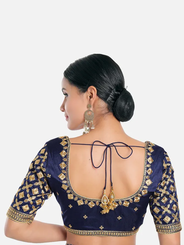 Navy silk embroidery blouse