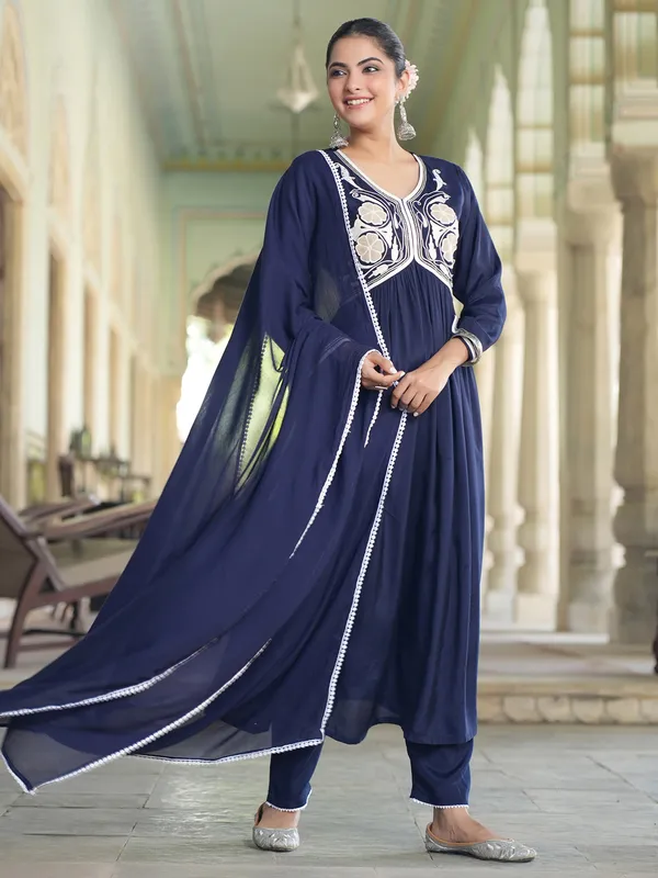 Navy silk embroidery kurti set