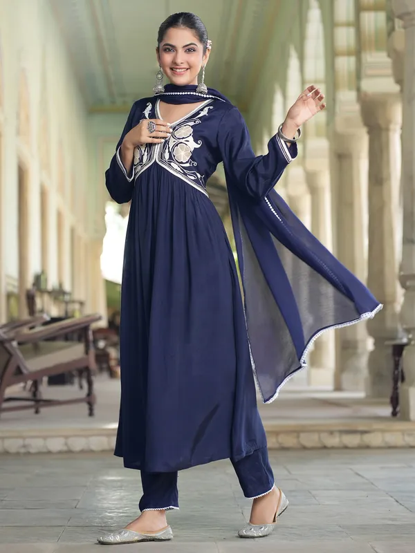 Navy silk embroidery kurti set