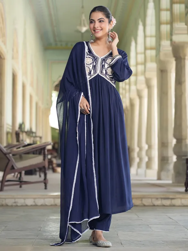 Navy silk embroidery kurti set