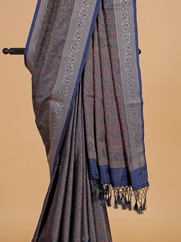 Navy silk festive wear printed saree