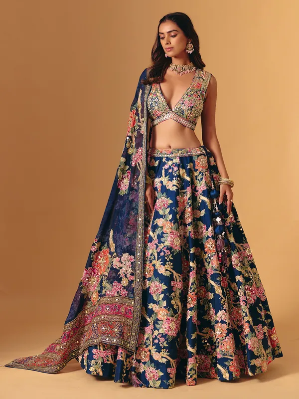 Navy silk floral embellished V neck lehenga choli