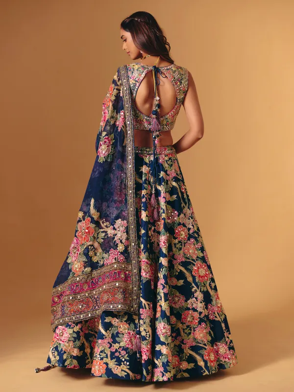 Navy silk floral embellished V neck lehenga choli