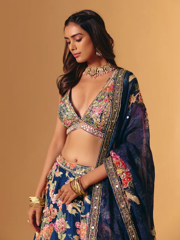 Navy silk floral embellished V neck lehenga choli
