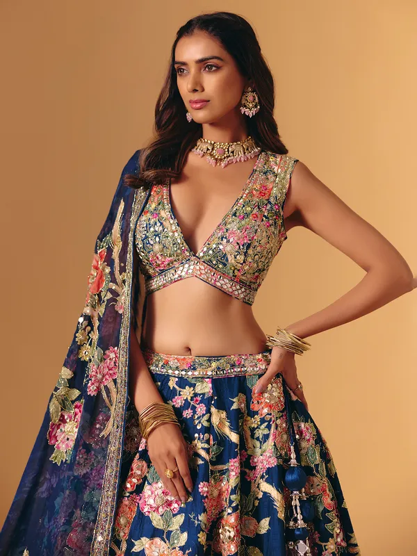 Navy silk floral embellished V neck lehenga choli