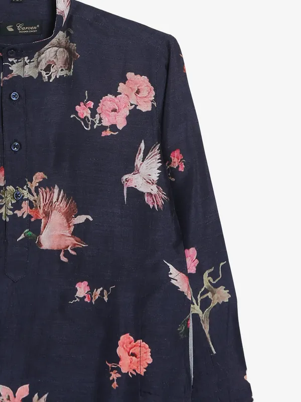 Navy silk floral printed kurta suit