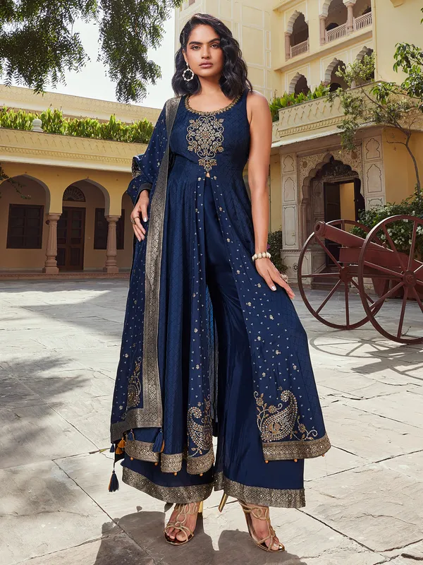 Navy silk front slit palazzo suit