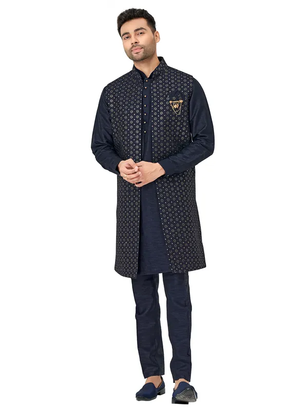 Navy silk indowestern for wedding look
