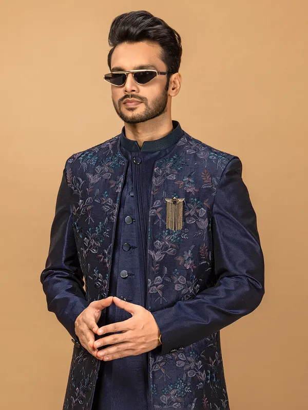Navy silk indowestern for wedding wear