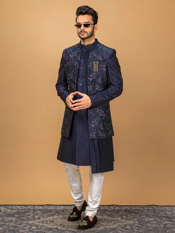 Navy silk indowestern for wedding wear