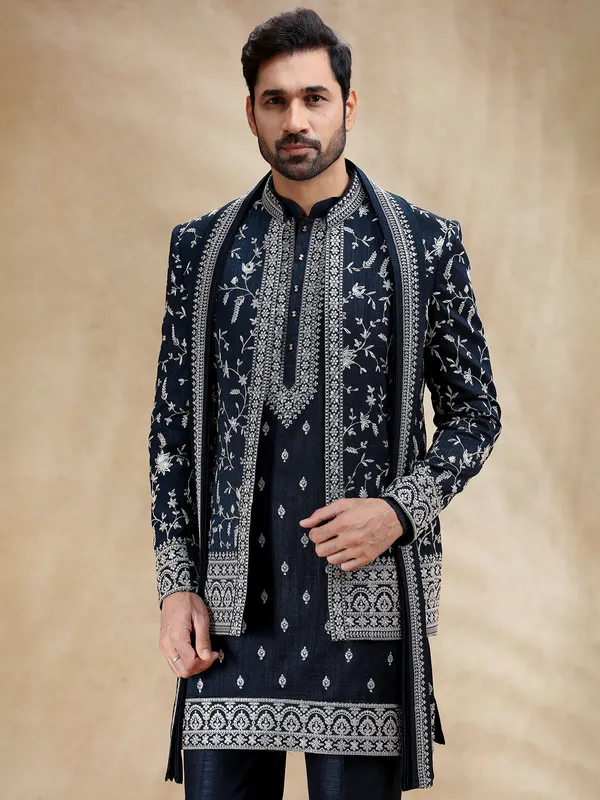 Navy silk indowestern set with dupatta
