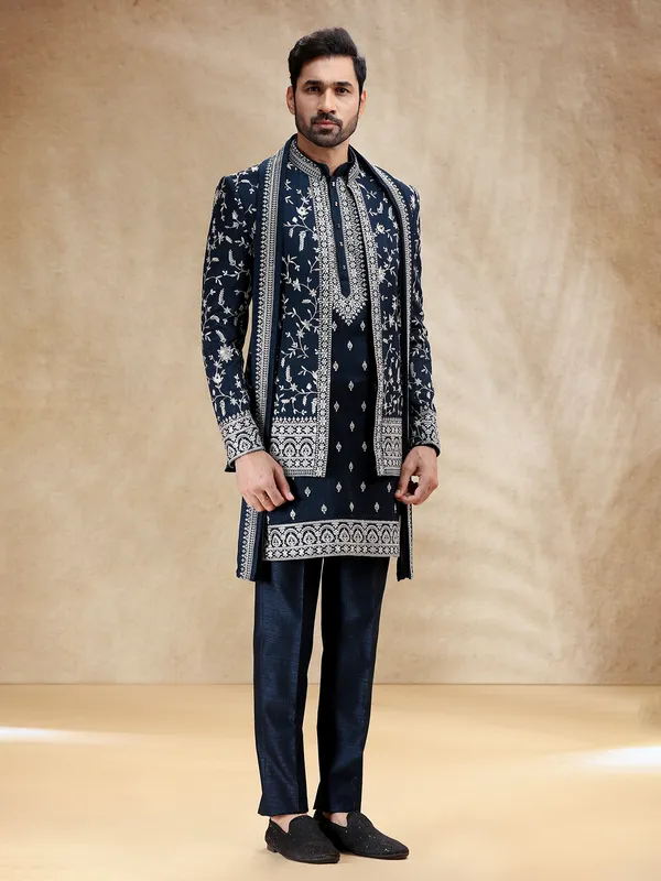 Navy silk indowestern set with dupatta
