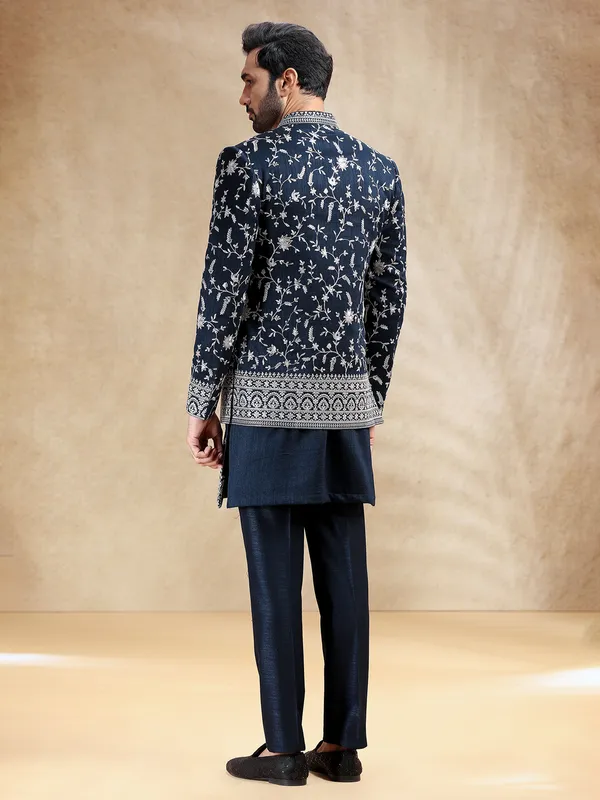 Navy silk indowestern set with dupatta