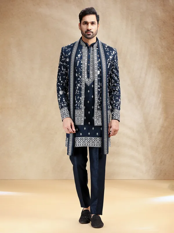Navy silk indowestern set with dupatta