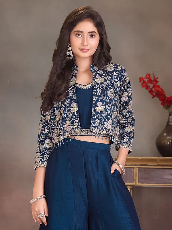 Navy silk jacket style palazzo attire