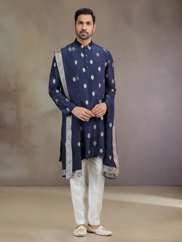 Navy silk kurta pajama for wedding celebration