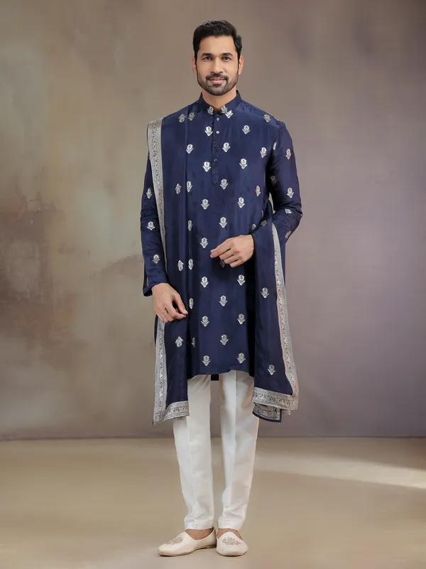 Navy silk kurta pajama for wedding celebration